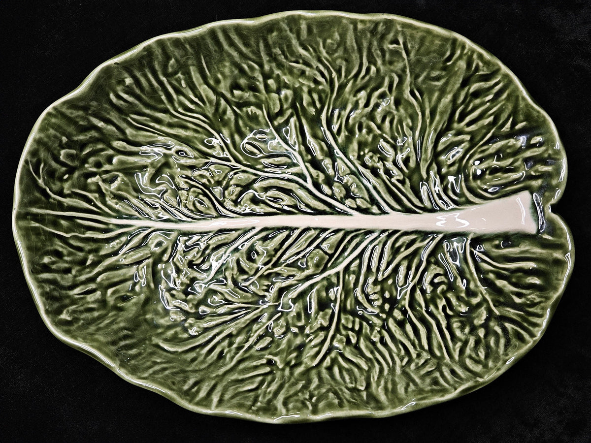 Majolica Cabbage Leaf 12" Serving Bowl- Olfaire, Made In Portugal - Oblong Majolica Cabbage Leaf - Majolica from Portugal  - MCM