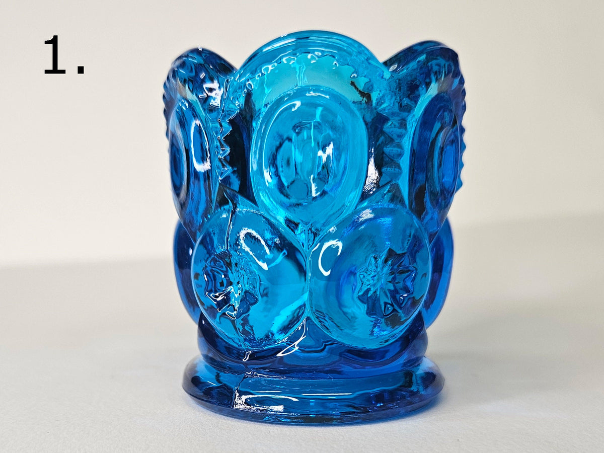 L. E. Smith and Wright Toothpick Holders- Colonial Blue Moon and Stars- one Round Base- one Scalloped Leg base