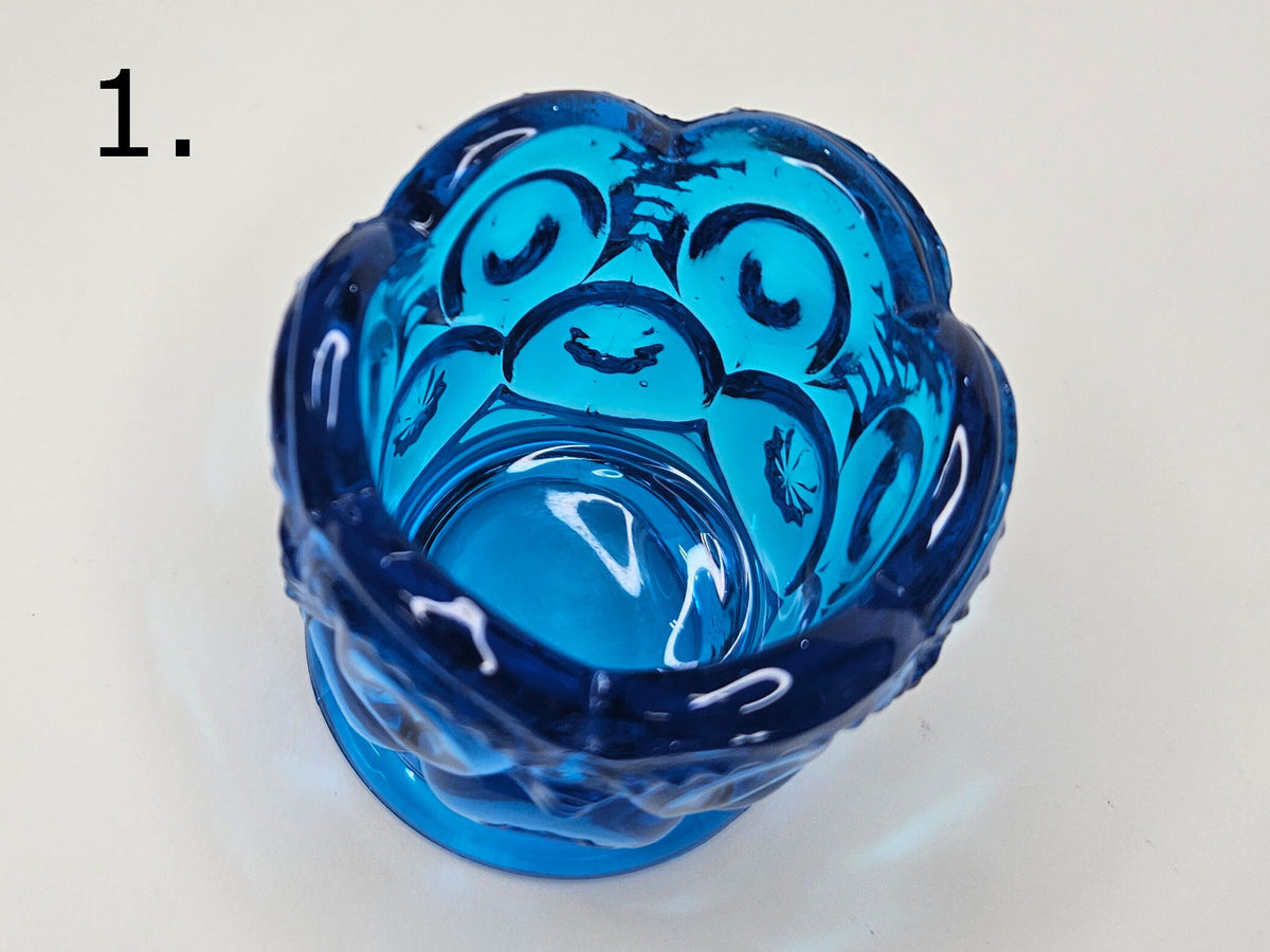 L. E. Smith and Wright Toothpick Holders- Colonial Blue Moon and Stars- one Round Base- one Scalloped Leg base