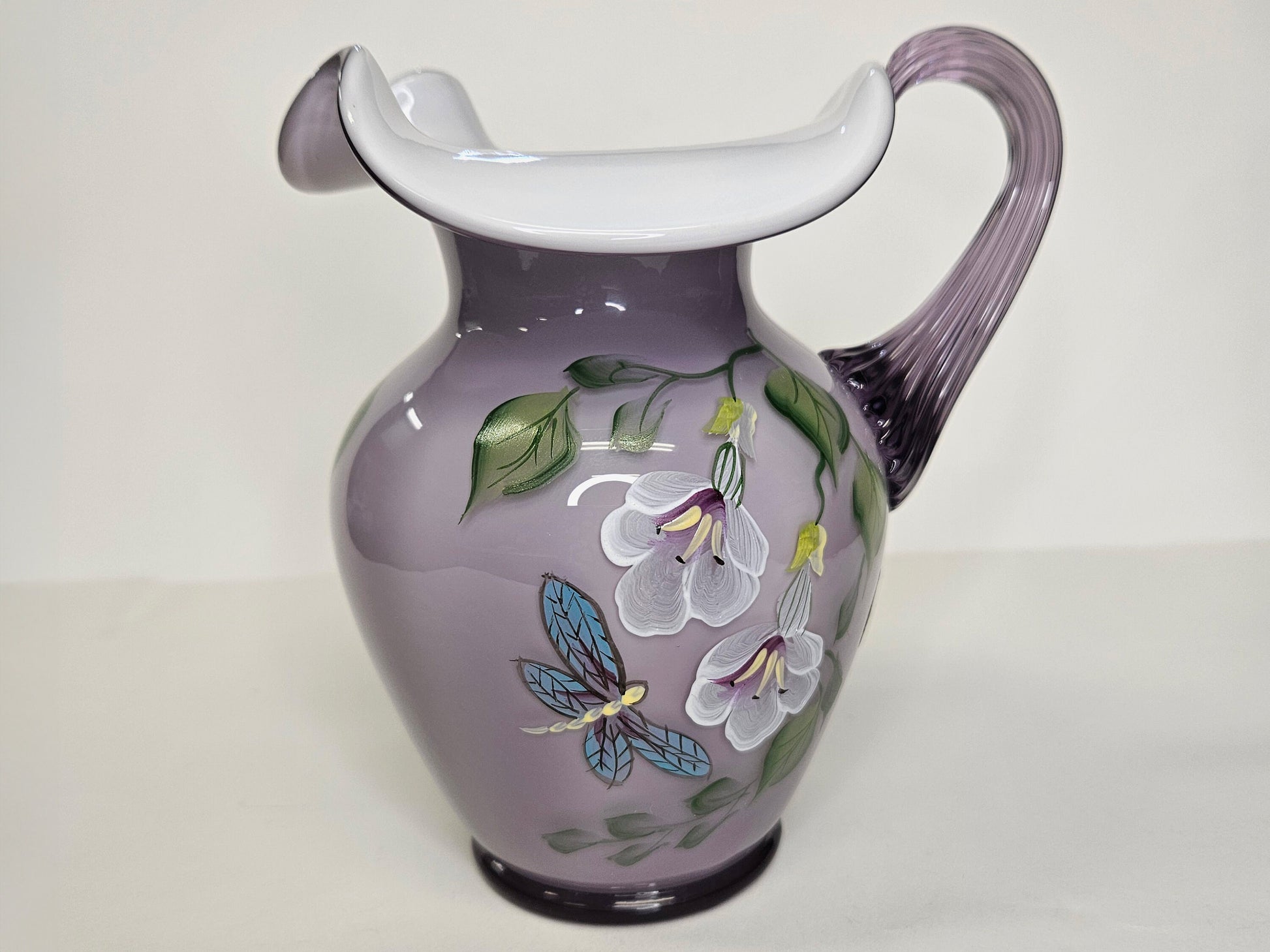 Hand Painted Fenton Ruffle Top Pitcher- Lavender Dragonfly Art Glass- 95th Anniversary Spiral Optic Handle- Signed By N. Beer