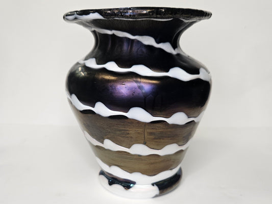 Loetz Iridescent Art Glass Vase- Iridescent Black And White Drip Glaze- Amethyst Iridescent Glass Art Nouveau Era - Signed Loetz on Pontil