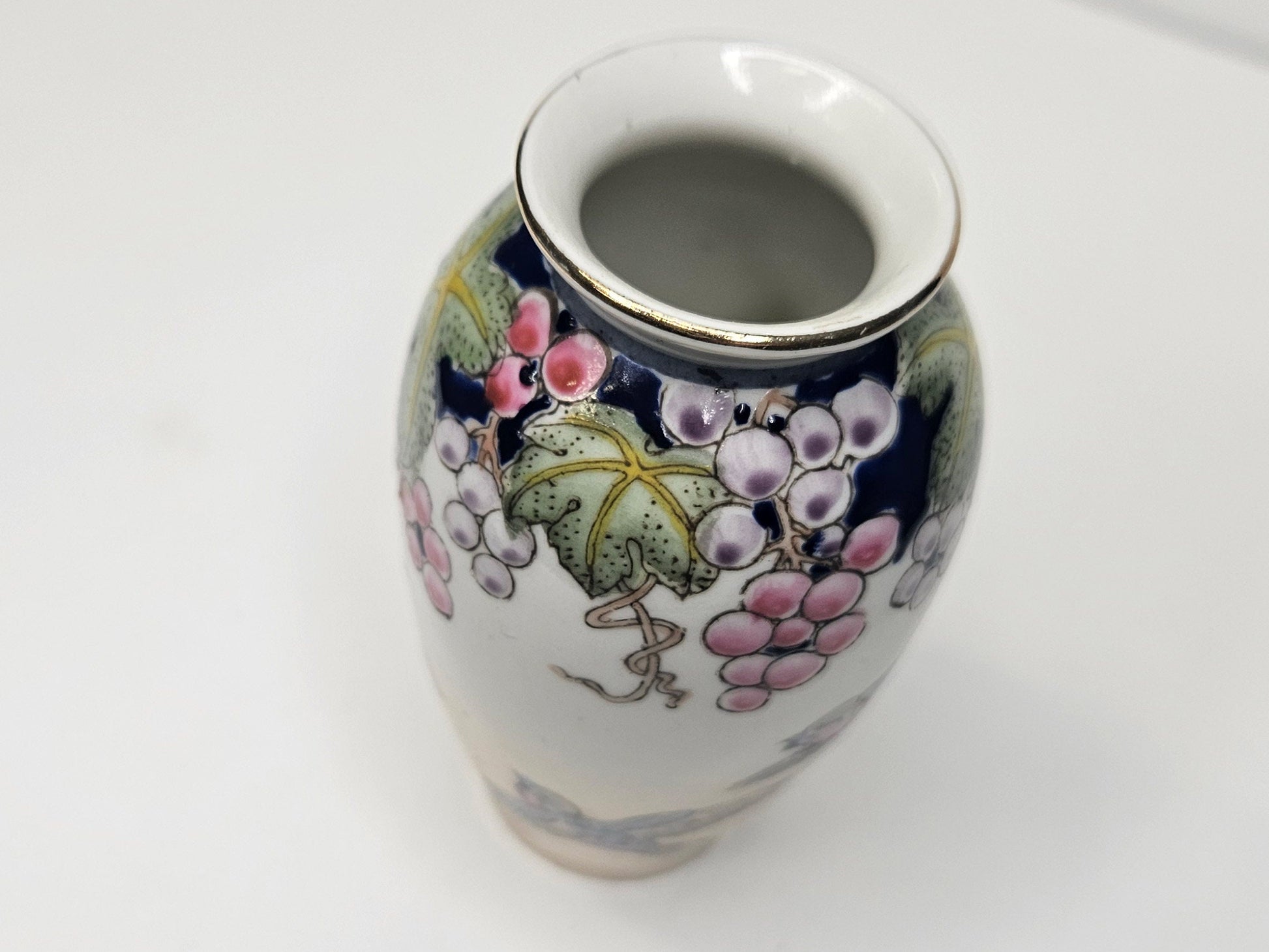 Hand Painted 4" Vase - Green Leaves with Dark Blush Berries above Blue Birds in Flight - Chinese Vase With Blue Birds - Qingniao -Happiness