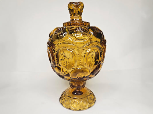 L. E. Smith Moon and Stars Covered Compote  - Pattern Glass Candy Dish- Amber Yellow Footed Pedestal Compote - Hard to Find Moon and Stars