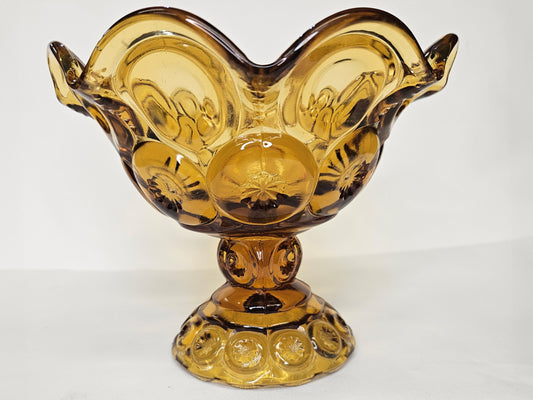 L.E. Smith Moon and Stars Footed Compote with Scallop Edge -Pattern Glass Moon and Stars Candy Dish -Honey-amber Glass Compote - 6" W x 5" H