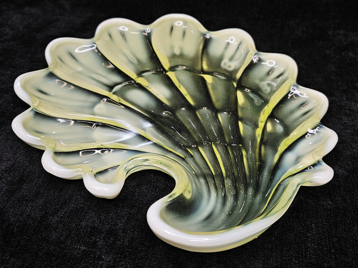 Duncan Miller Vaseline Glass- Sea Shell Shaped Green Art Glass Tray- Yellow Opalescent Trinket Dish