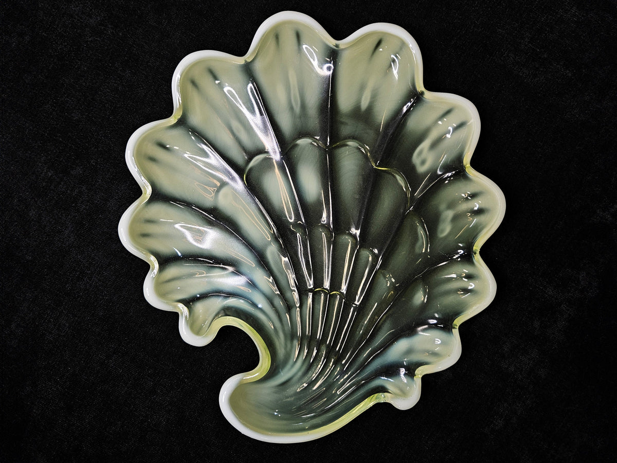 Duncan Miller Vaseline Glass- Sea Shell Shaped Green Art Glass Tray- Yellow Opalescent Trinket Dish