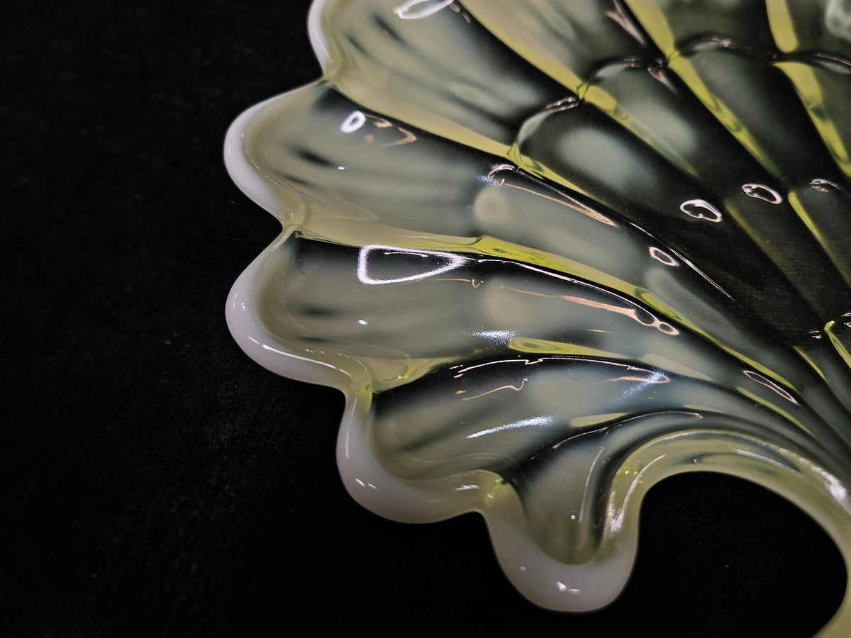 Duncan Miller Vaseline Glass- Sea Shell Shaped Green Art Glass Tray- Yellow Opalescent Trinket Dish