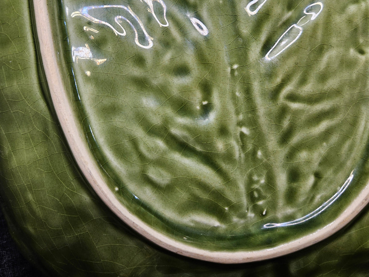 Majolica Cabbage Leaf 12" Serving Bowl- Olfaire, Made In Portugal - Oblong Majolica Cabbage Leaf - Majolica from Portugal  - MCM