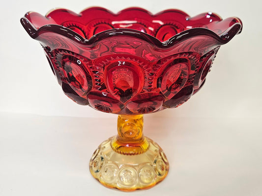 L. E. Smith Amberina Depression Glass- Fluted Pedestal Compote Candy Dish- Moon And Stars Pattern- Silver Anniversary