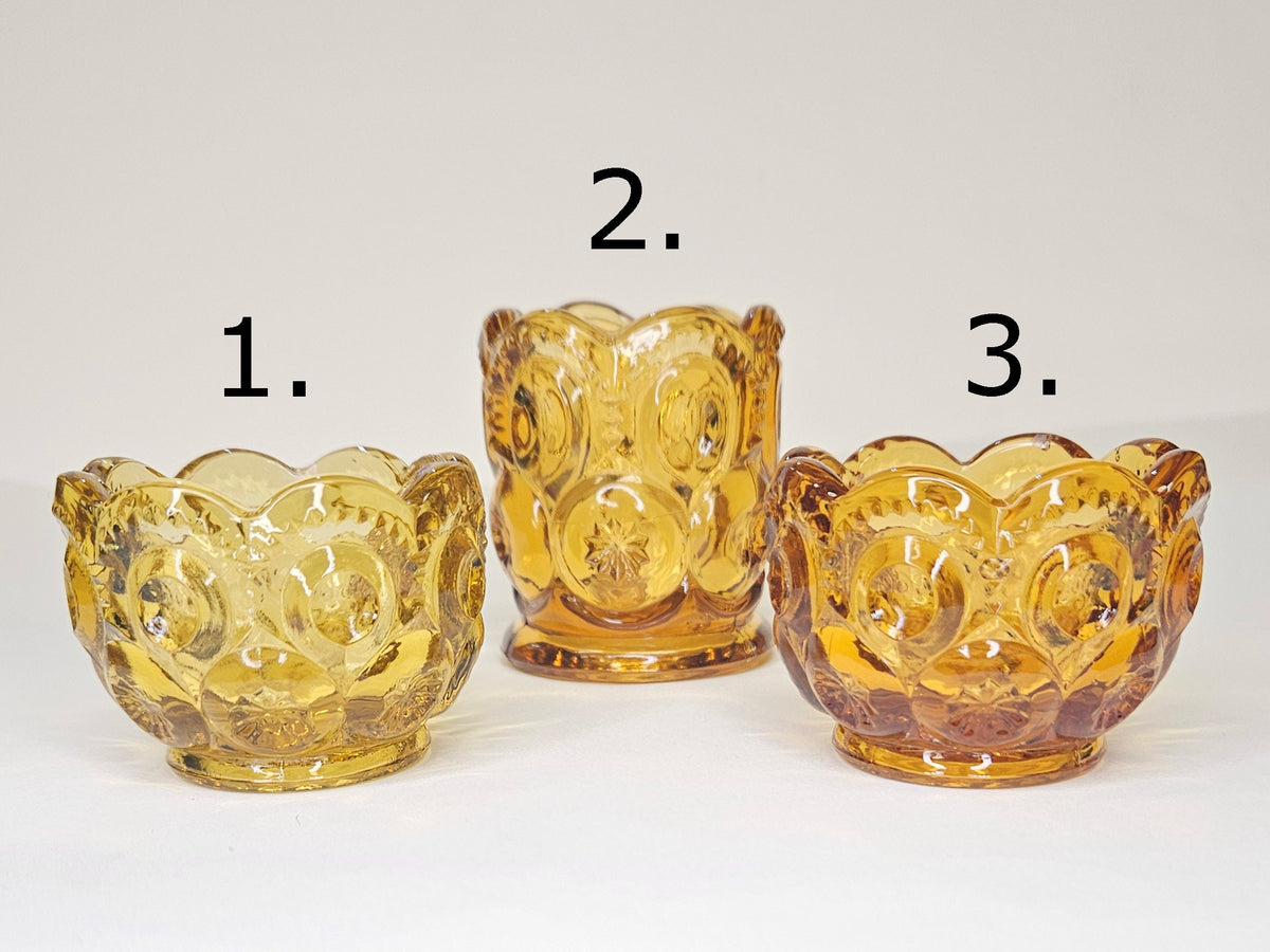 L. E. Smith Honey Amber Color Moon And Stars - Toothpick Holder And Salt Cellars- Glass Dip Dish- Sold Individually