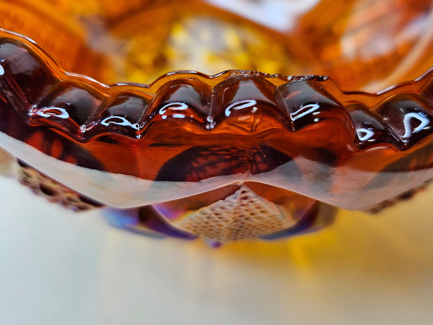 Amberina Hobstar Pattern with Saw-tooth Edge -   L. E. Smith Carnival Glass - Large 8.5" D x 5"H Carnival Glass Bowl - Beautiful Glass Bowl