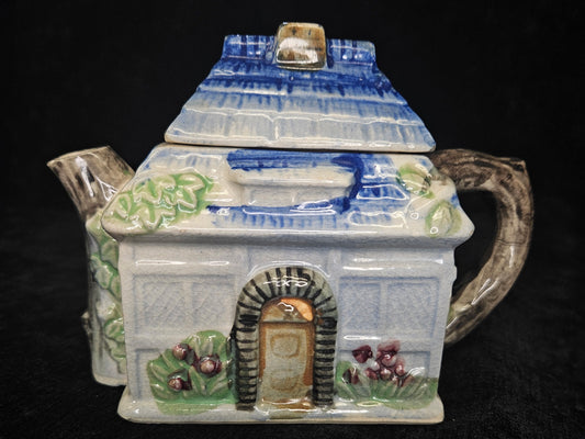1950's Japanese Ceramic Cottage Teapot- Midcentury Thatch Roof House Pottery - Single Serving teapot - Child's teapot