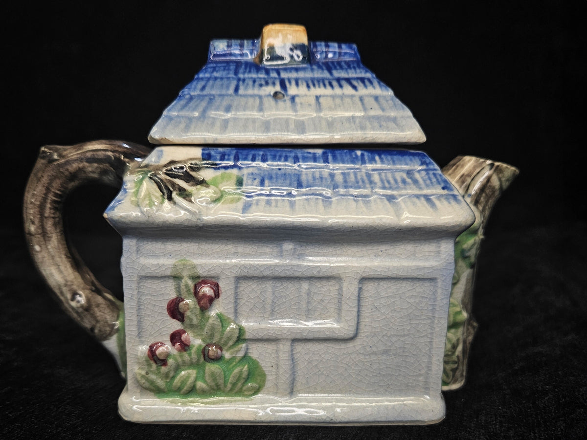 1950's Japanese Ceramic Cottage Teapot- Midcentury Thatch Roof House Pottery - Single Serving teapot - Child's teapot