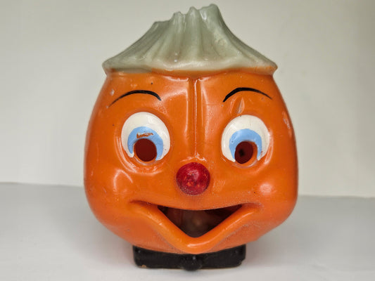 Capri Candle - Orange Pumpkin Jack O Lantern with big Blue Eyes Looking totally Surprised - Mid Century Halloween Candle 5" tall