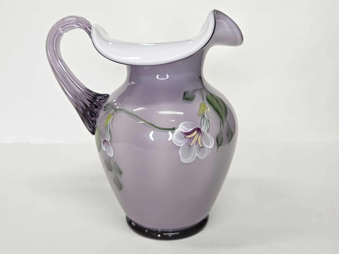 Hand Painted Fenton Ruffle Top Pitcher- Lavender Dragonfly Art Glass- 95th Anniversary Spiral Optic Handle- Signed By N. Beer