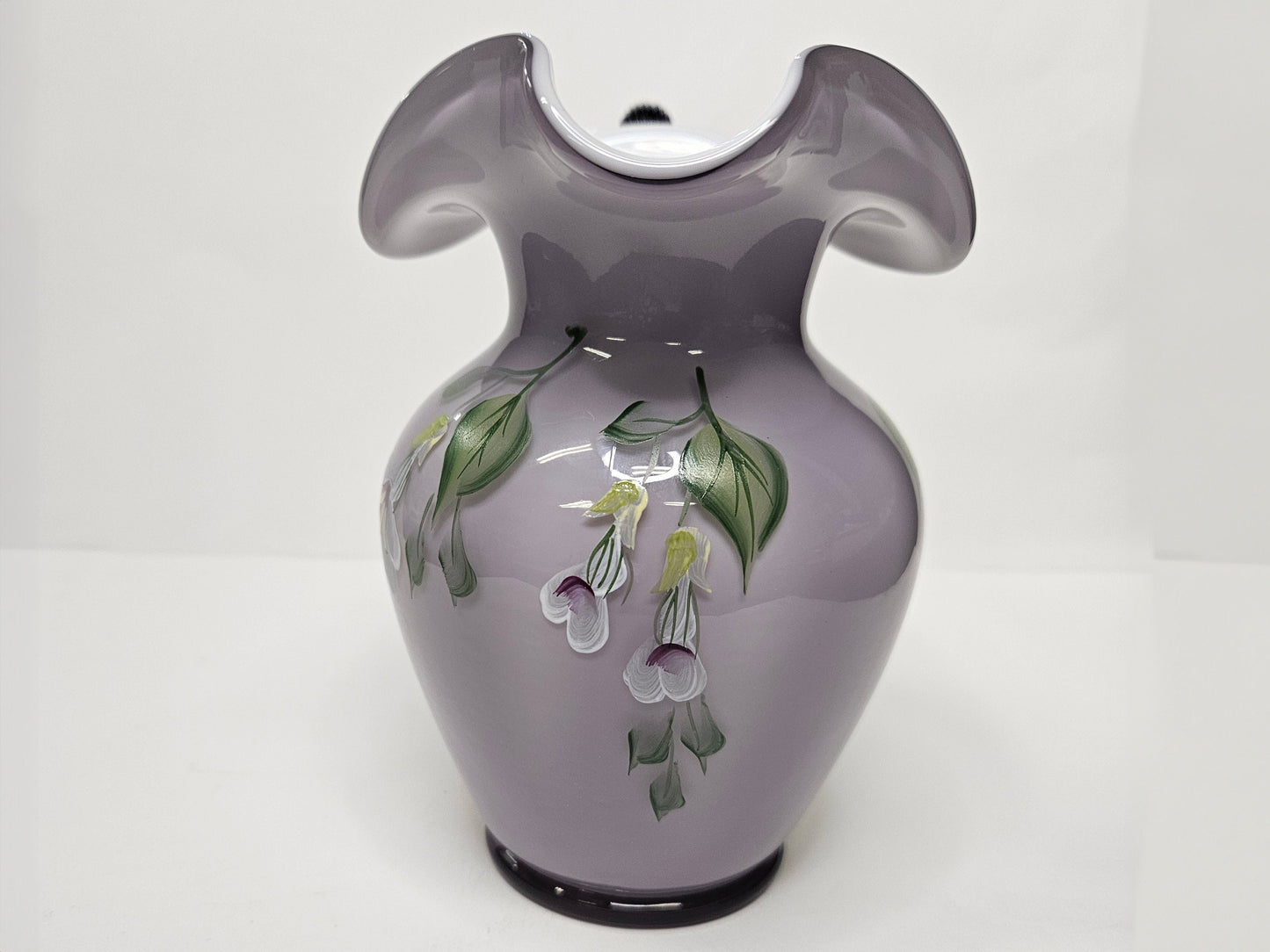 Hand Painted Fenton Ruffle Top Pitcher- Lavender Dragonfly Art Glass- 95th Anniversary Spiral Optic Handle- Signed By N. Beer