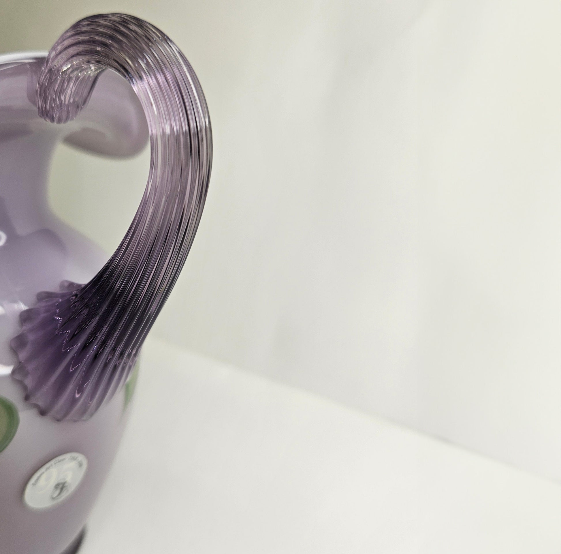 Hand Painted Fenton Ruffle Top Pitcher- Lavender Dragonfly Art Glass- 95th Anniversary Spiral Optic Handle- Signed By N. Beer
