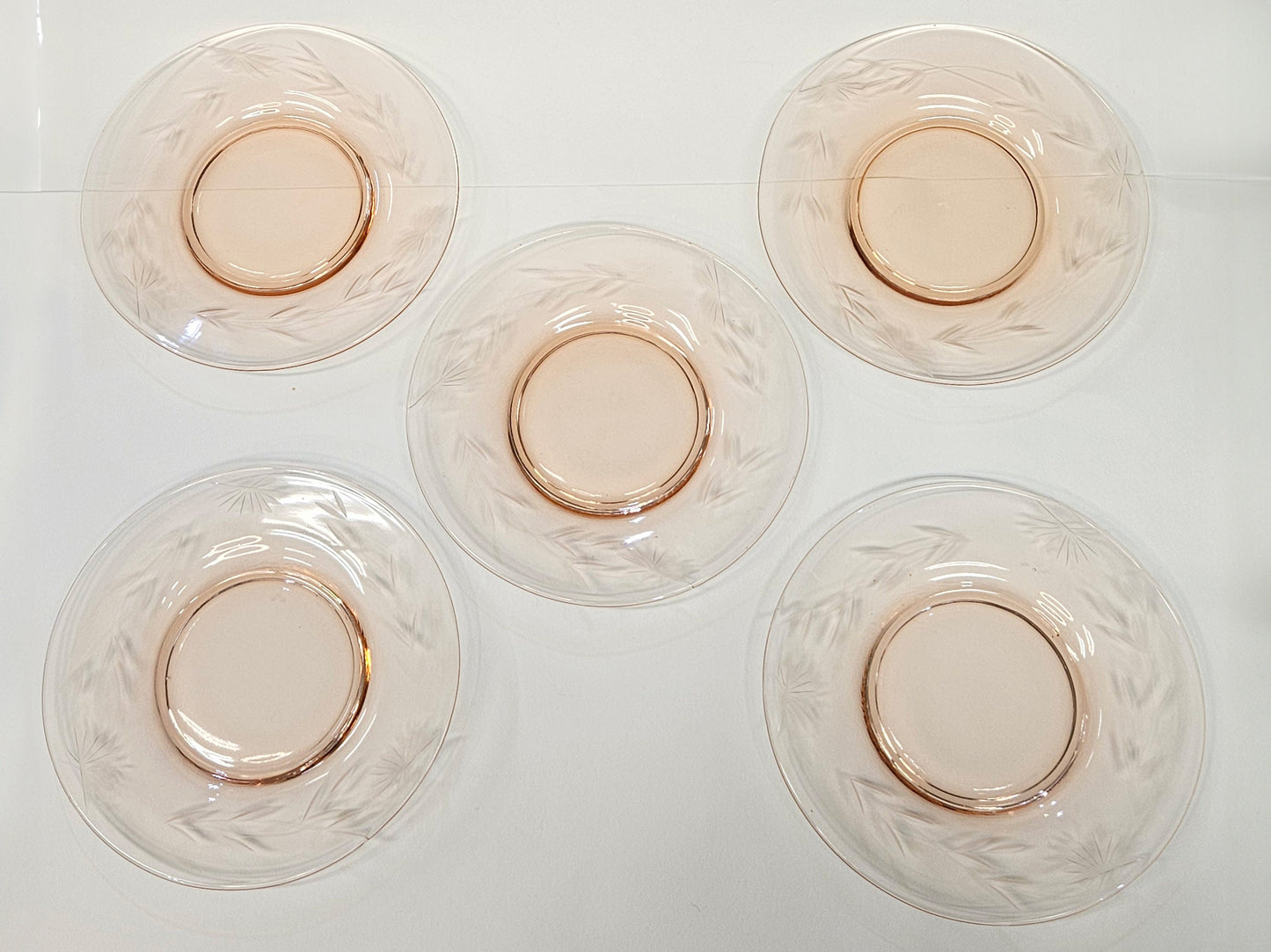Pink Etched Depression Glass Bread Plates- Set of 5 plates -Art Deco Flower Design - Beautiful Pink Glass Dessert Plates