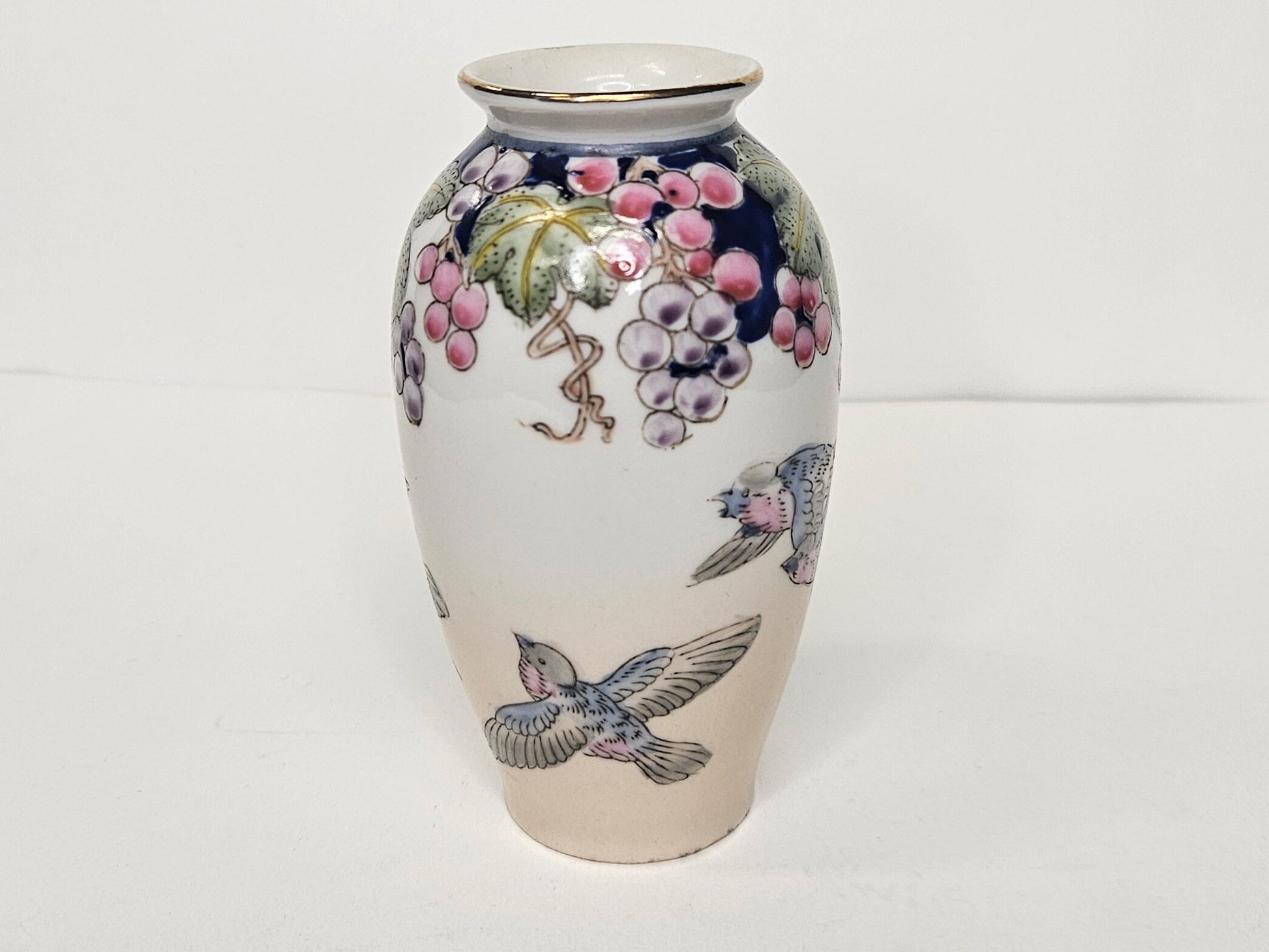 Hand Painted 4" Vase - Green Leaves with Dark Blush Berries above Blue Birds in Flight - Chinese Vase With Blue Birds - Qingniao -Happiness