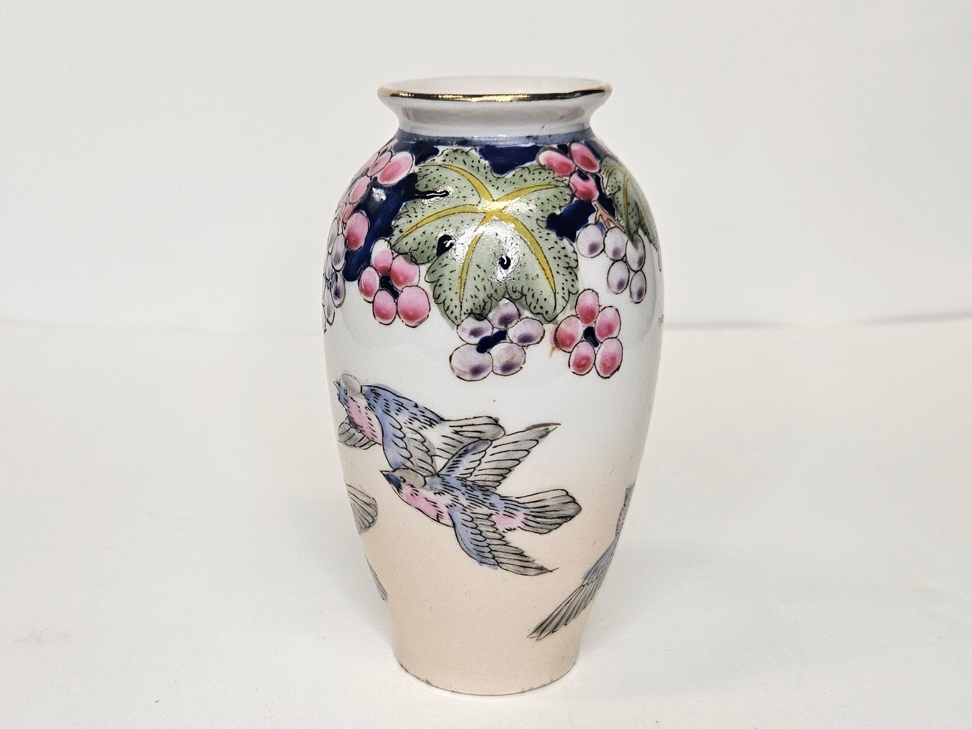 Hand Painted 4" Vase - Green Leaves with Dark Blush Berries above Blue Birds in Flight - Chinese Vase With Blue Birds - Qingniao -Happiness
