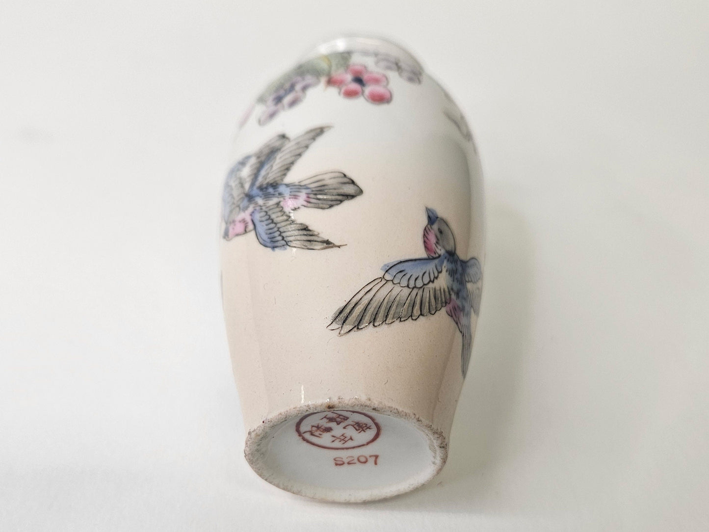 Hand Painted 4" Vase - Green Leaves with Dark Blush Berries above Blue Birds in Flight - Chinese Vase With Blue Birds - Qingniao -Happiness