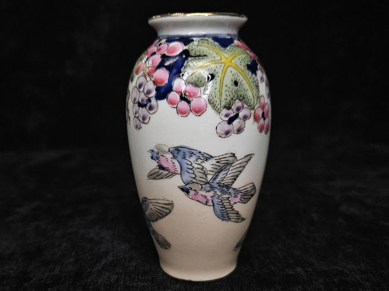 Hand Painted 4" Vase - Green Leaves with Dark Blush Berries above Blue Birds in Flight - Chinese Vase With Blue Birds - Qingniao -Happiness