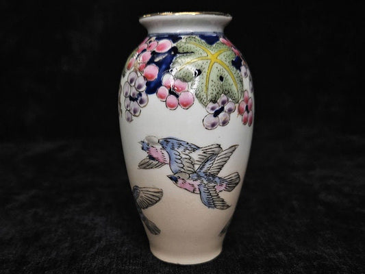 Hand Painted 4" Vase - Green Leaves with Dark Blush Berries above Blue Birds in Flight - Chinese Vase With Blue Birds - Qingniao -Happiness