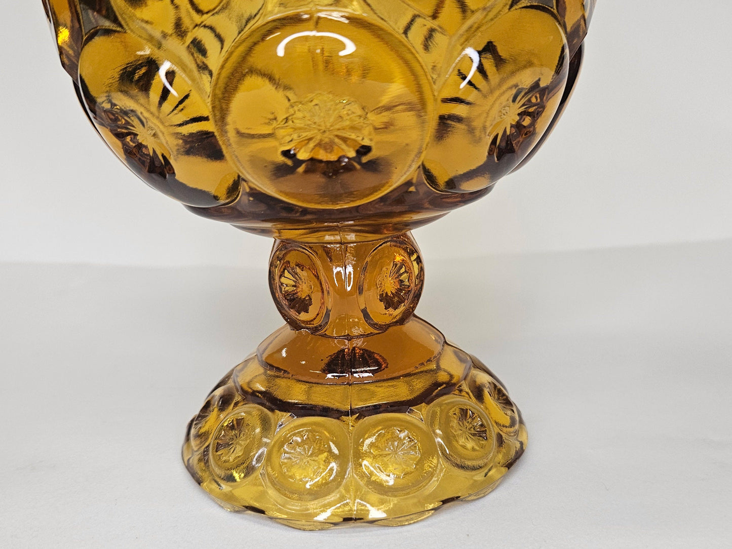 L. E. Smith Moon and Stars Covered Compote  - Pattern Glass Candy Dish- Amber Yellow Footed Pedestal Compote - Hard to Find Moon and Stars