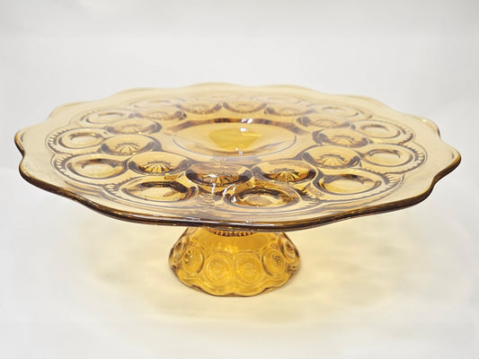 L.E. Smith Moon & Stars HoneyAmber Glass Cake Stand - Pressed Glass 10.5" Pedestal Cake Plate with Scalloped Edge - Footed Charcuterie Tray