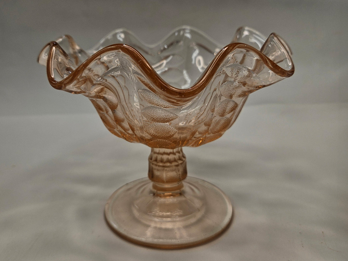 Dugan Afterglow Blush Pink Depression Footed Compote- Fluted Coinspot Pressed Glass Footed Candy Dish - see photos for truest color
