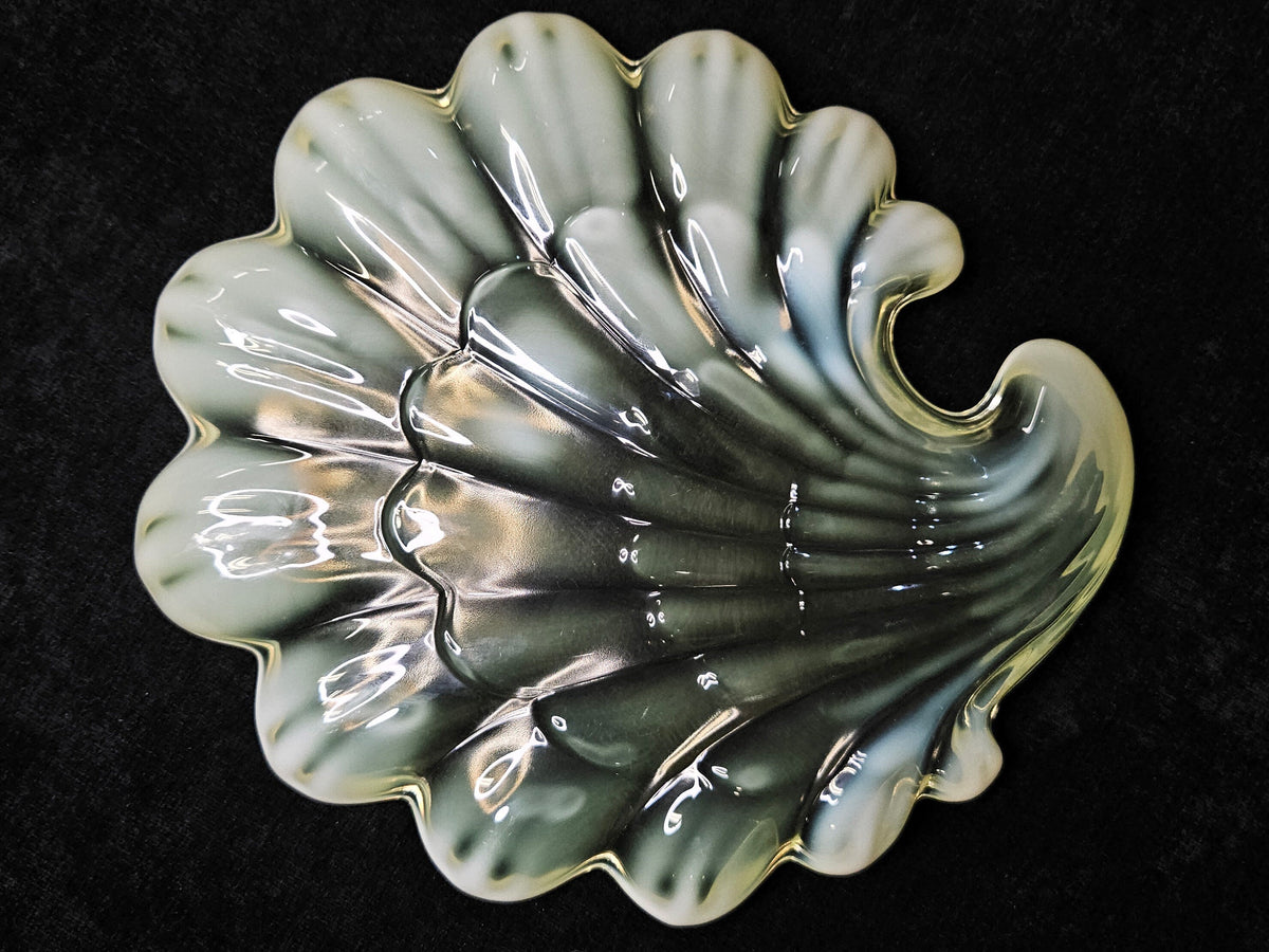 Duncan Miller Vaseline Glass- Sea Shell Shaped Green Art Glass Tray- Yellow Opalescent Trinket Dish