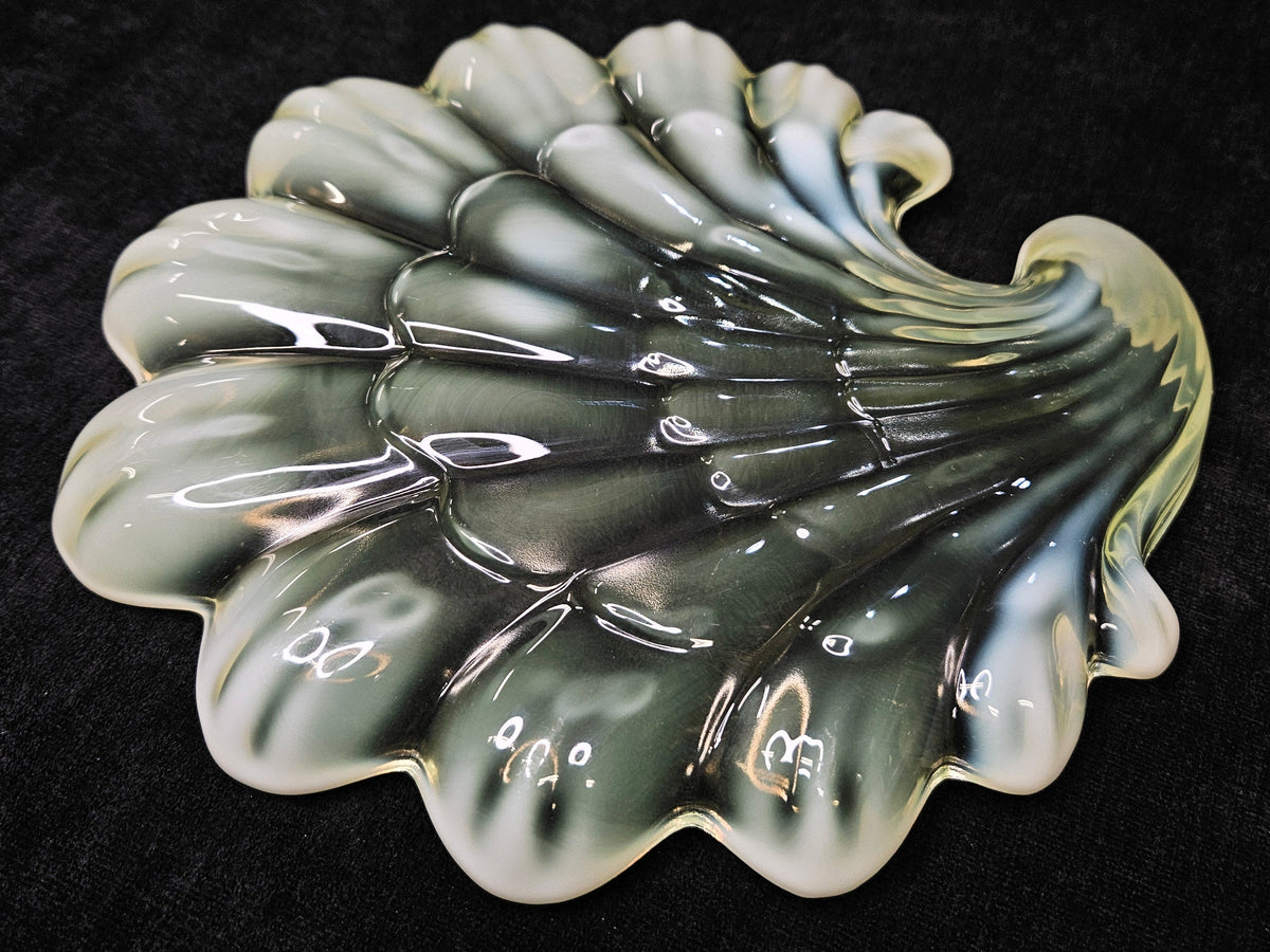 Duncan Miller Vaseline Glass- Sea Shell Shaped Green Art Glass Tray- Yellow Opalescent Trinket Dish