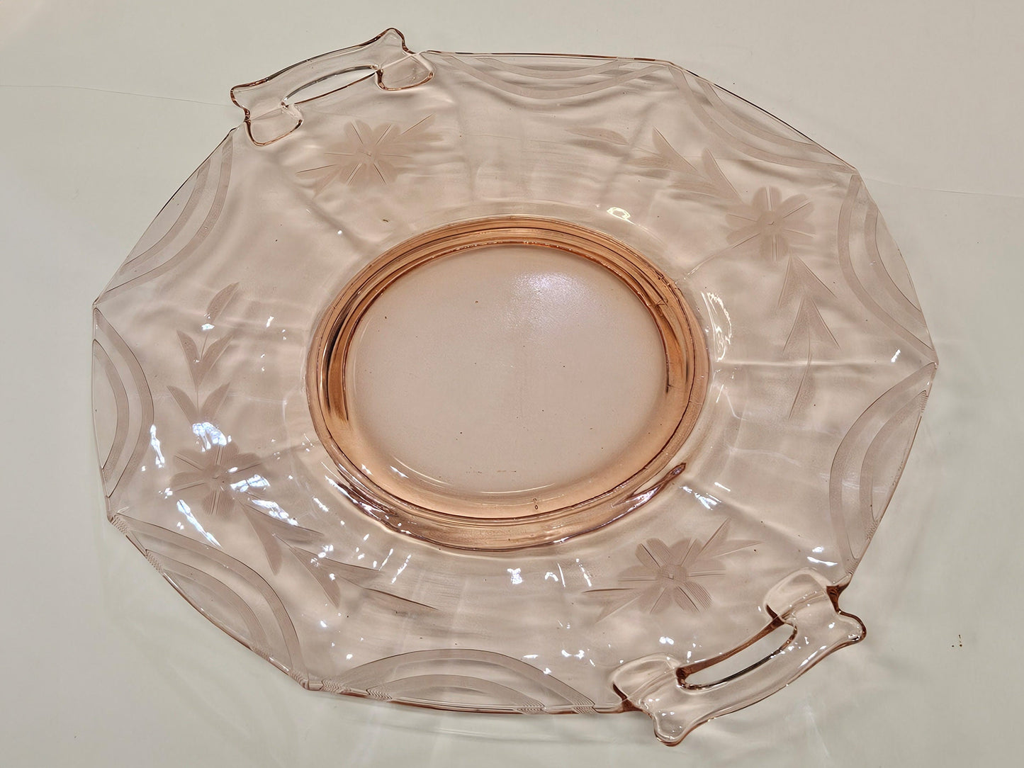 Molly Pink Imperial Glass - Handled 10.5" Platter- Etched with Floral and Swag Design- Pink Floral Depression Glass Tray for Wedding Shower