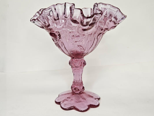 Fenton Cabbage Rose Pattern Pink Cranberry Pedestal Compote- Dusty Rose Footed Glass Dish With Ruffle Crimped Edge by Fenton