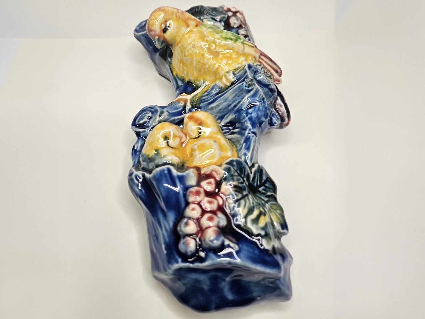 1950s Wall Pocket with Birds - Made in Japan with Majolica Style Paint -Yellow Bird with Chicks- Glazed Ceramic Blue Mid Century Wall Pocket