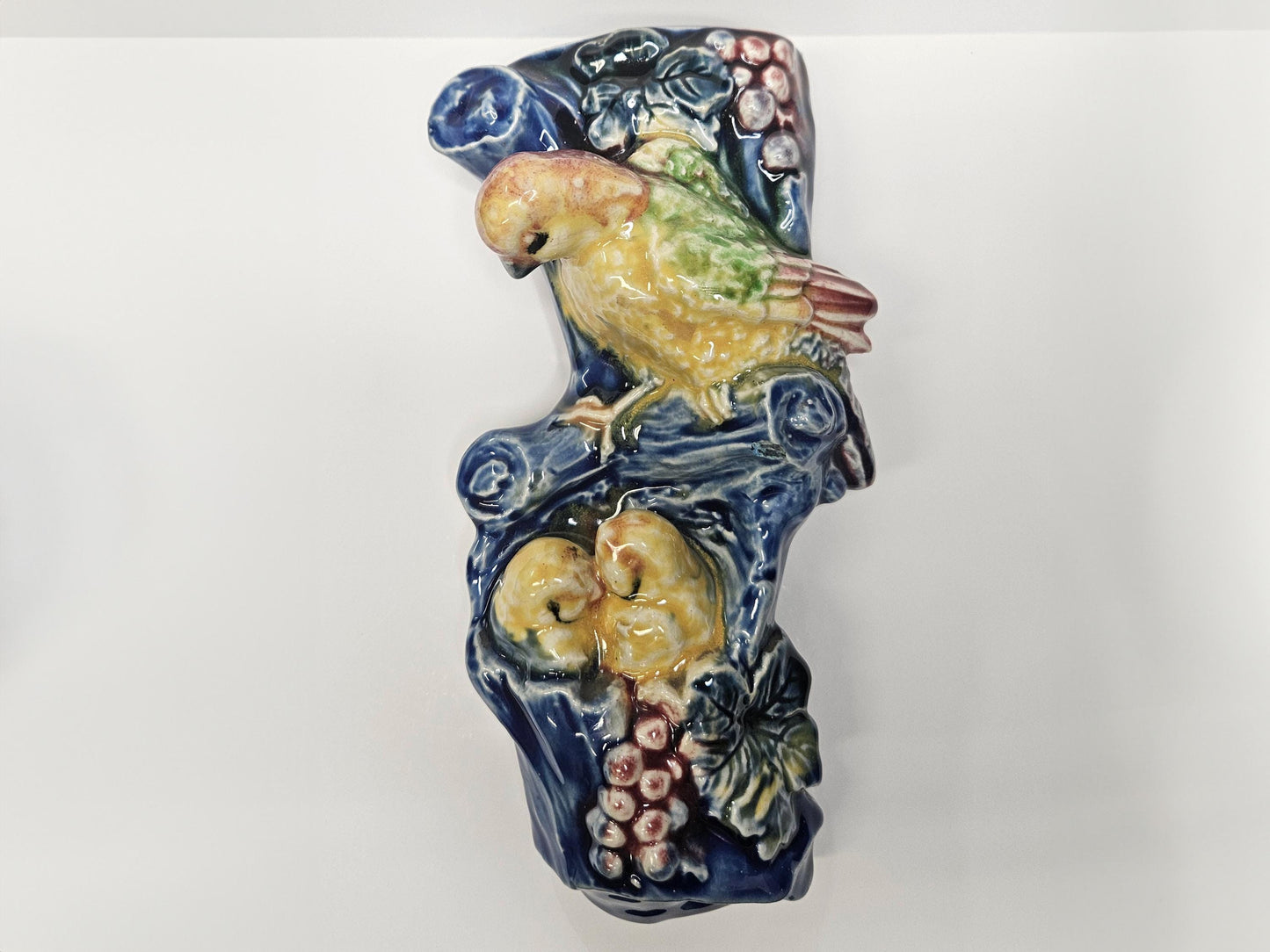 1950s Wall Pocket with Birds - Made in Japan with Majolica Style Paint -Yellow Bird with Chicks- Glazed Ceramic Blue Mid Century Wall Pocket