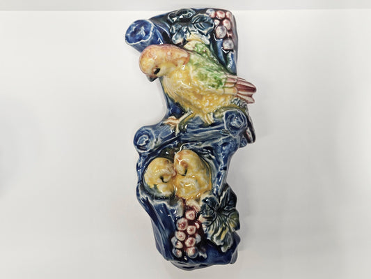 1950s Wall Pocket with Birds - Made in Japan with Majolica Style Paint -Yellow Bird with Chicks- Glazed Ceramic Blue Mid Century Wall Pocket