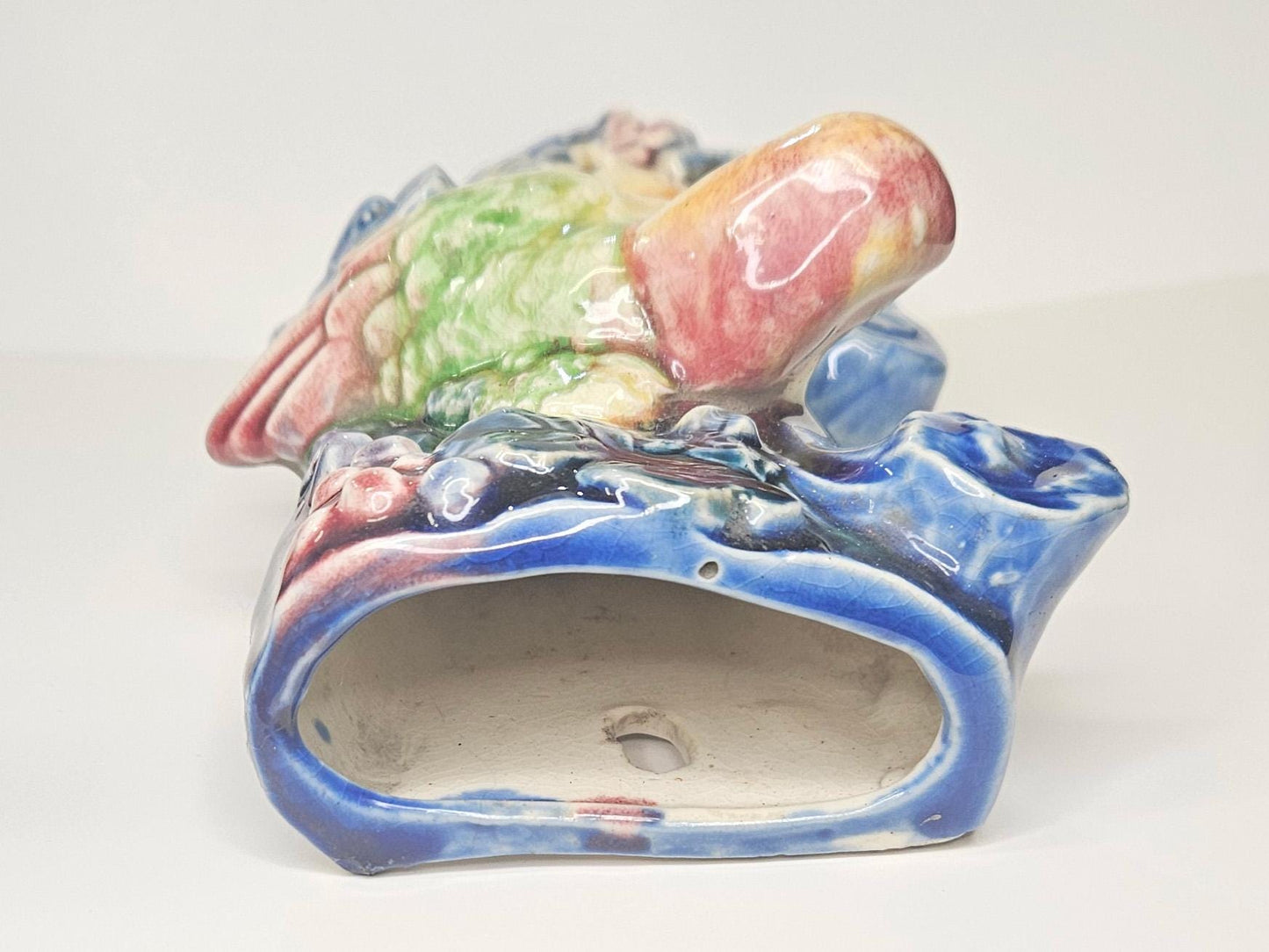 1950s Wall Pocket with Birds - Made in Japan with Majolica Style Paint -Yellow Bird with Chicks- Glazed Ceramic Blue Mid Century Wall Pocket
