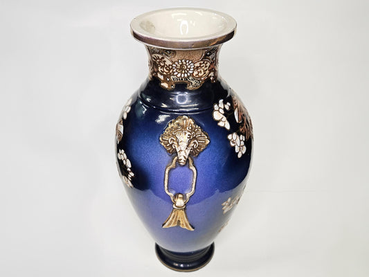 Japanese Cobalt Satsuma Kinkozam Vase with Kenran-de (Gold Paint) on Decorative Relief-  1910 - 1920 Meiji Period- 12.5" w/Elephant Handles