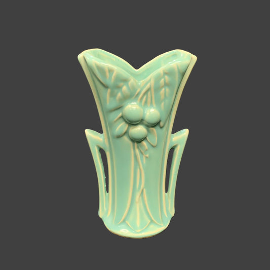 Aqua Blue Leaves and Berries with Handles McCoy Vase - 5.75" Tall McCoy Vase -