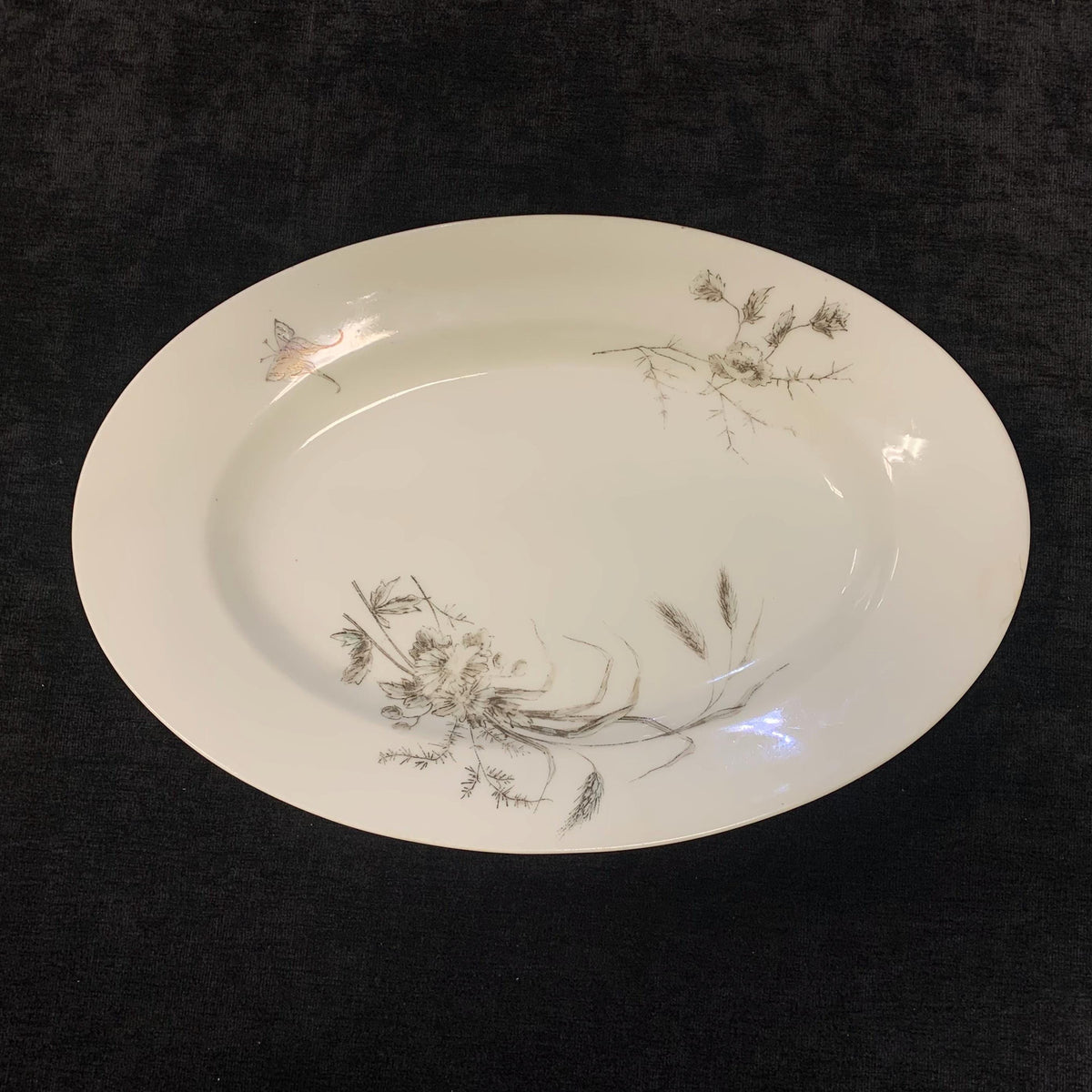 11" Sarreguemines Platter - 1800s Northern France - White Ironstone  "Open Pastures" Grass and Butterfly Pattern - Farmhouse Decor