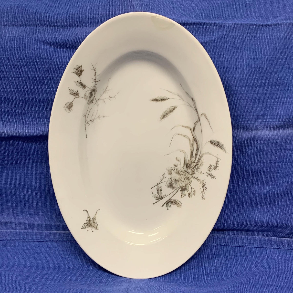 11" Sarreguemines Platter - 1800s Northern France - White Ironstone  "Open Pastures" Grass and Butterfly Pattern - Farmhouse Decor