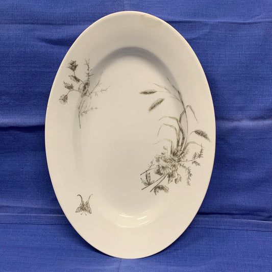 11" Sarreguemines Platter - 1800s Northern France - White Ironstone  "Open Pastures" Grass and Butterfly Pattern - Farmhouse Decor