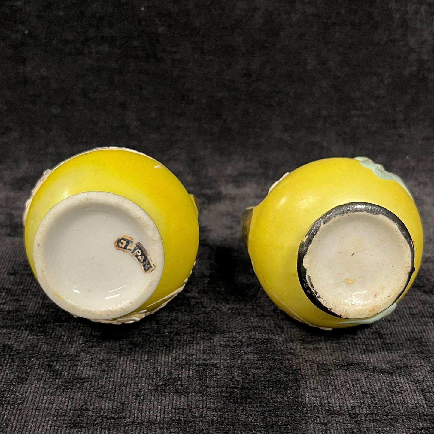 2 Yellow Miniature Dragonware Moriage Vases- Dragons Completely encircle Vase Bottom- Gilded Tops 1940s paper Label Japan - Sold as Set of 2