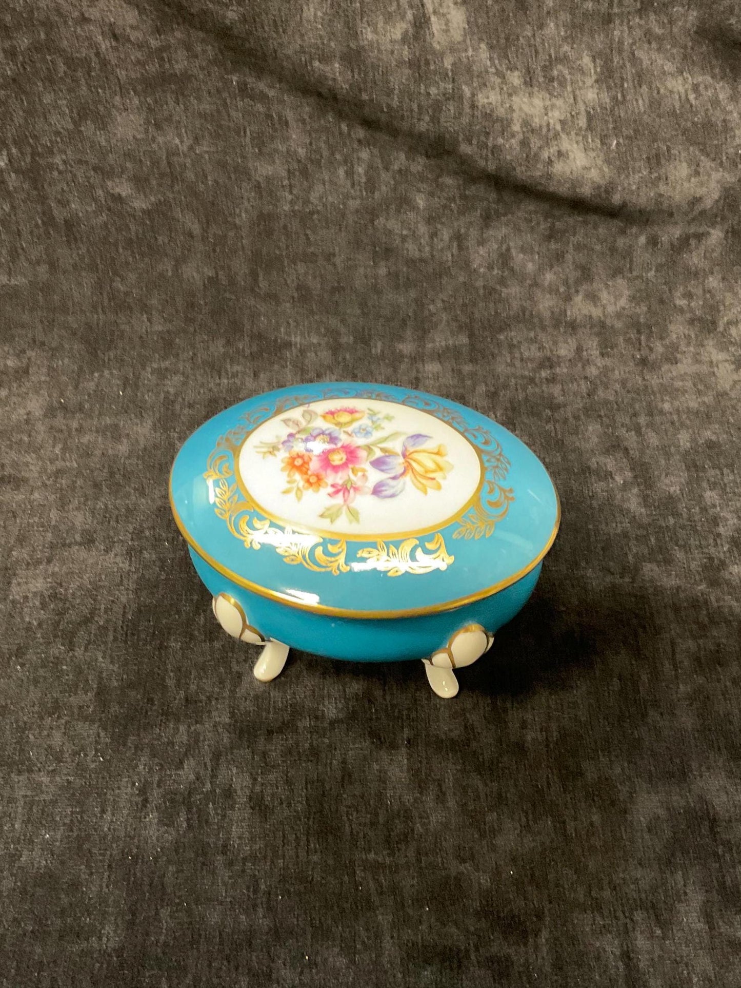 Handpainted JLMenau Graf von Henneberg Porzellan Jewelry/Trinket Dish Made in Germany- Small Gold-edged Footed Bowl With Lid