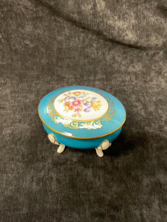 Handpainted JLMenau Graf von Henneberg Porzellan Jewelry/Trinket Dish Made in Germany - Small Gold-edged Footed Bowl With Lid