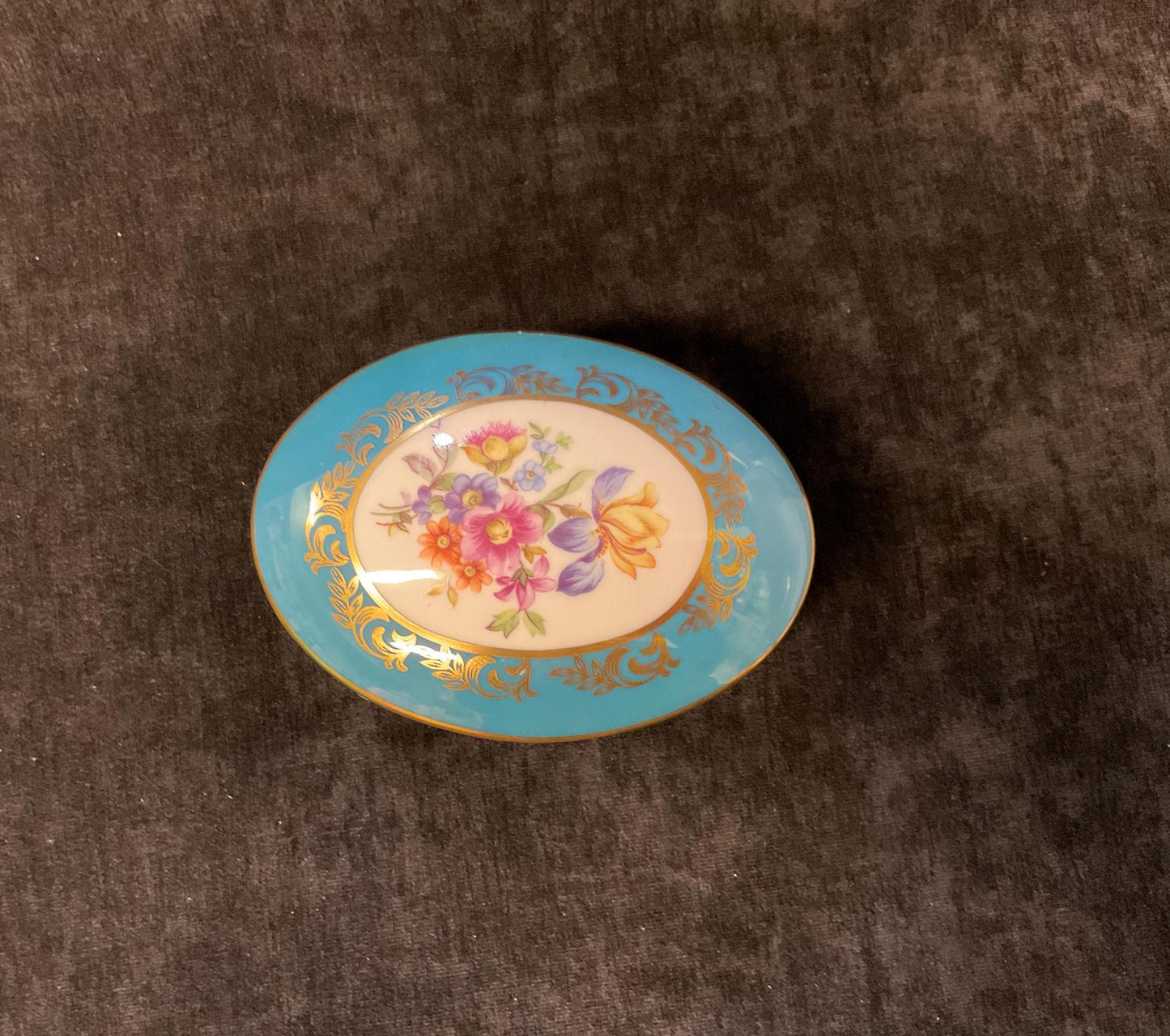 Handpainted JLMenau Graf von Henneberg Porzellan Jewelry/Trinket Dish Made in Germany- Small Gold-edged Footed Bowl With Lid