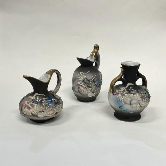 3 Gilded Dragonware Miniature Vases with Moriage Dragons fully wrapping around them - Made in Japan 1940s Mark -  Set of 3 Small Vases