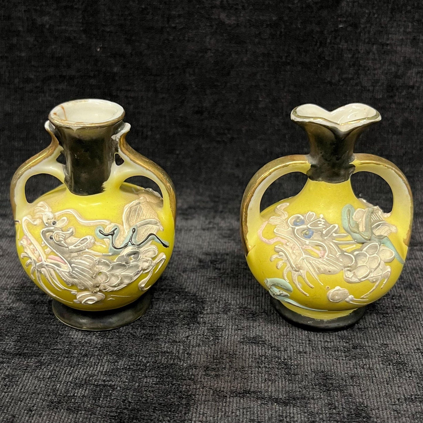2 Yellow Miniature Dragonware Moriage Vases- Dragons Completely encircle Vase Bottom- Gilded Tops 1940s paper Label Japan - Sold as Set of 2