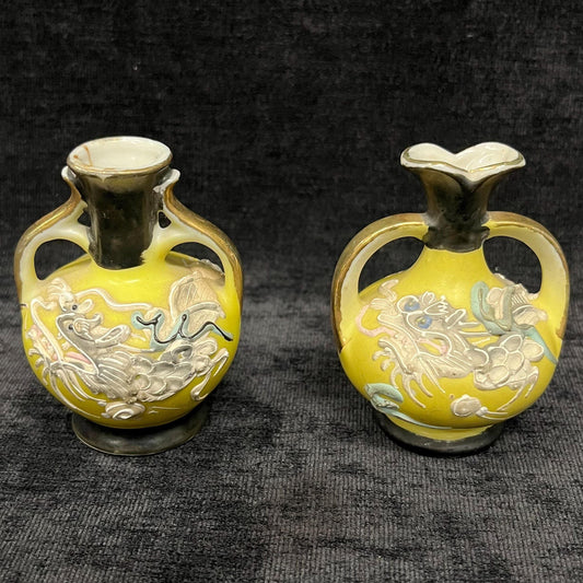2 Yellow Miniature Dragonware Moriage Vases - Dragons Completely encircle Vase Bottom- Gilded Tops 1940s paper Label Japan - Sold as Set of 2
